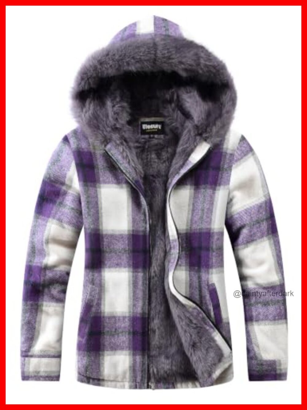 Fleece Lined Flannel Jacket Faux Fur Hood Plaid Zip Up